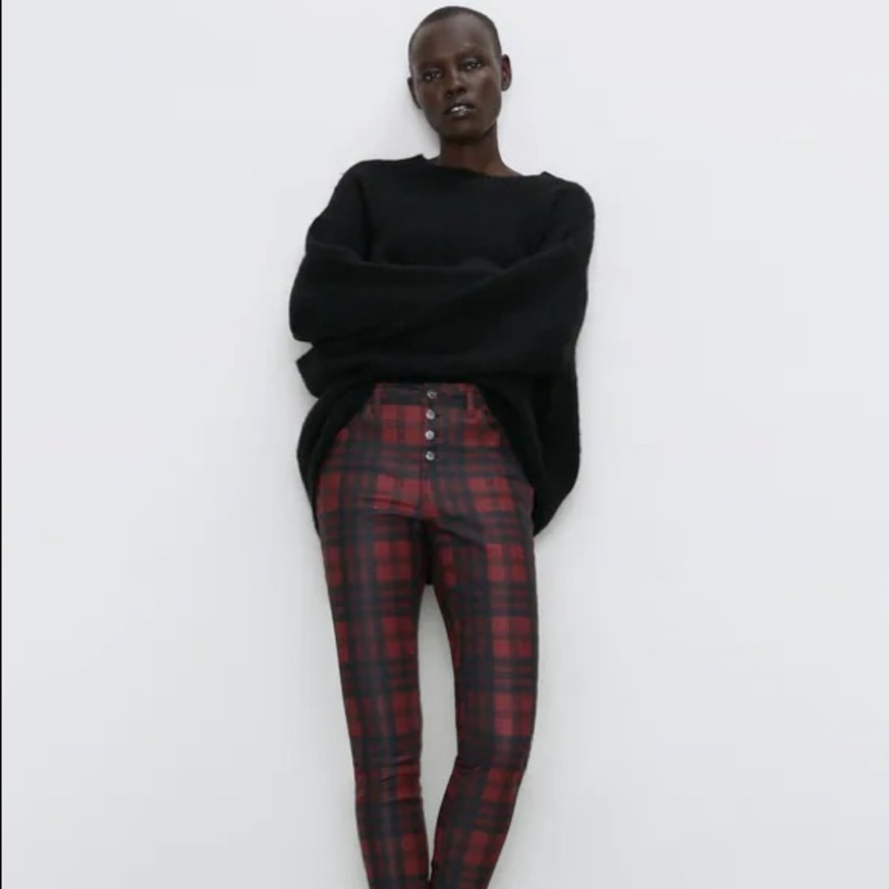 NWT ZARA MID RISE SKINNY PLAID PANTS